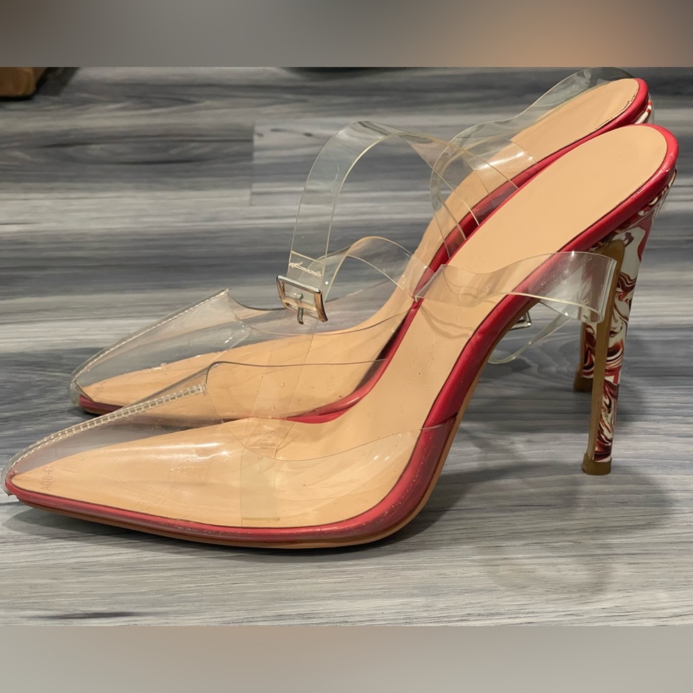 STILETTO HEELS CLEAR WITH MARBLED HEEL DESIGN